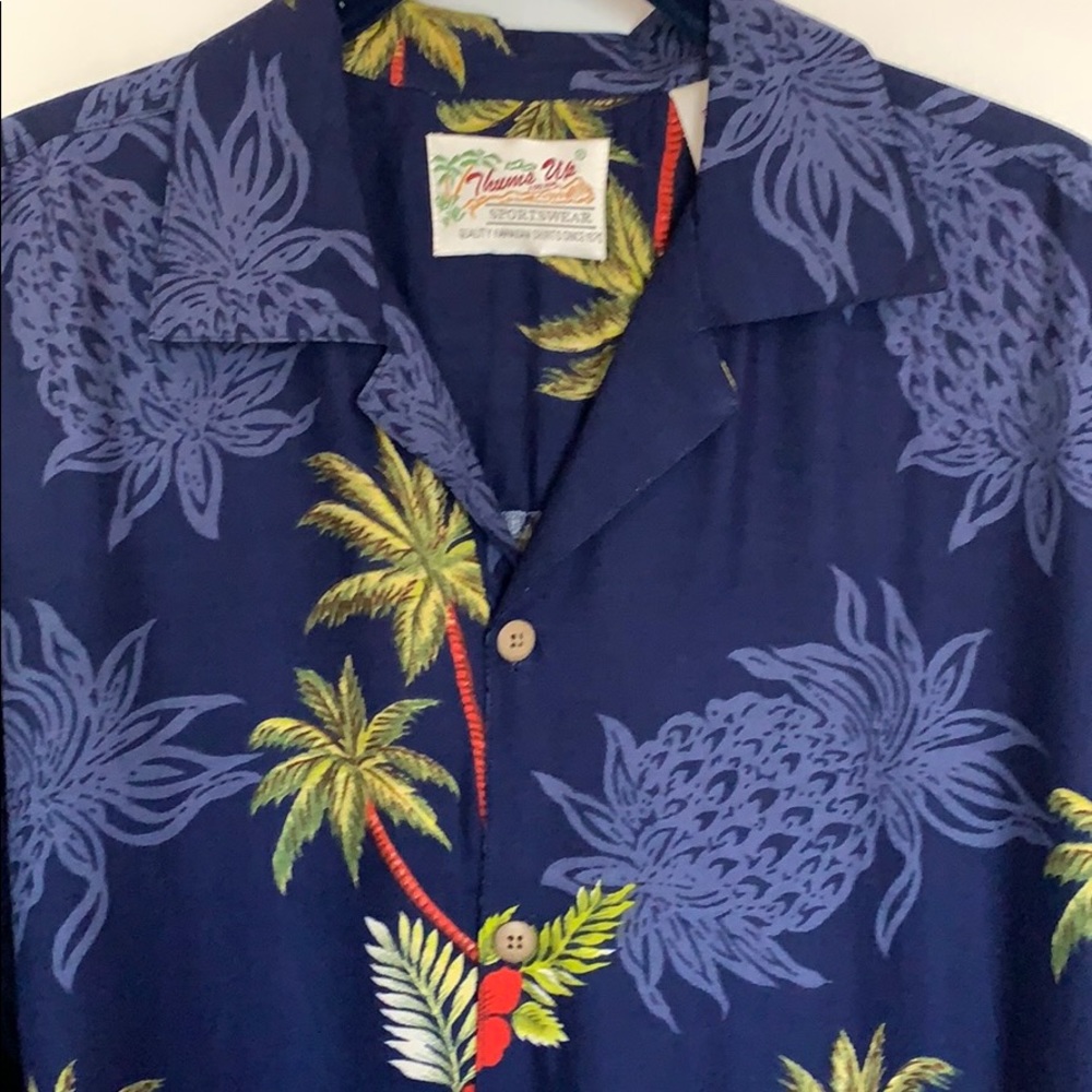 Navy Hawaiian Aloha Shirt Pineapple Hibiscus Palm